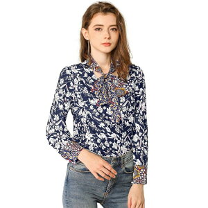 �y���������z �A���O�� �P�[ ���f�B�[�X �V���c �g�b�v�X Women's Bow Tie Long Sleeve Contrast Color Vintage Floral Blouse Blue