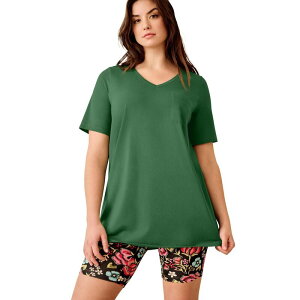 Ellos ���f�B�[�X �g�b�v�X T�V���c V�l�b�N �v���X�T�C�Y �j�b�g ellos Plusize Stretch Knit V-Neck Short Sleeve Chest Pocketunic Forest Jade �t�H���X�g