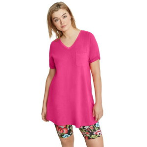 Ellos ���f�B�[�X �g�b�v�X T�V���c V�l�b�N �v���X�T�C�Y �j�b�g ellos Plusize Stretch Knit V-Neck Short Sleeve Chest Pocketunic Raspberry Sorbet