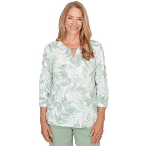 �A���t���b�h �_�i�[ ���f�B�[�X �g�b�v�X T�V���c �v�����g Women's Alfredunner Monotone Leaf Print Split-Neck Top Celery