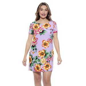 24 �Z�u���R���t�H�[�g ���f�B�[�X �g�b�v�X �����s�[�X �t�����[�� �~�j �t�����[ Women's 24Seven Comfort Apparel Floral Short Sleeve Round Neck Mini Shift Dress Purple Multi �p�[�v��