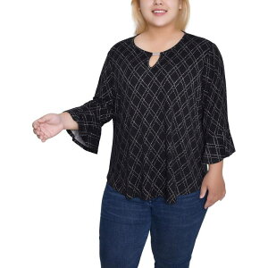 �j���[���[�N�R���N�V���� ���f�B�[�X �g�b�v�X �V���c �v���X�T�C�Y NY Collection Plusize 3/4 Bell Sleeve Top Withardware Black Doeskin Diamond �u���b�N