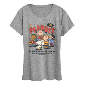 �A�j���L�����N�^�[ ���f�B�[�X �g�b�v�X T�V���c �O���t�B�b�N Licensed Character Women's Peanuts North American Tour Graphic Tee Heather Gray �O���[