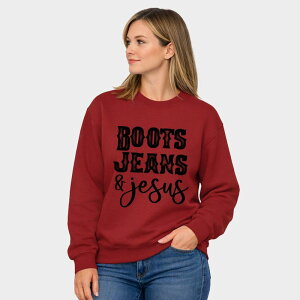 Simply Sage Market ���f�B�[�X �g�b�v�X T�V���c �X�E�F�b�g �u�[�c �W�[���Y �O���t�B�b�N Simply Sage Market Boots Jeans And Jesus - Women's Graphic Sweatshirt Cardinal