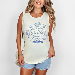 Simply Sage Market ���f�B�[�X �g�b�v�X T�V���c �O���t�B�b�N Simply Sage Market Let's Watch The Sunset Nautical - Women's Garment Dyed Graphic Tank Top Ivory �A�C�{���[