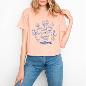 Simply Sage Market ���f�B�[�X �g�b�v�X T�V���c �O���t�B�b�N Simply Sage Market Let's Watch The Sunset Nautical - Women's Boxy Crop Top Graphic T-Shirt Peachy