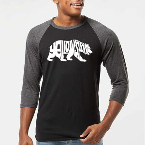 �G���G�[�|�b�v�A�[�g ���f�B�[�X �g�b�v�X T�V���c LA Pop Art Yellowstone Bear - Men's Raglan Baseball Word Art-Shirt Black Grey �u���b�N