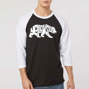 �G���G�[�|�b�v�A�[�g ���f�B�[�X �g�b�v�X T�V���c LA Pop Art Yellowstone Bear - Men's Raglan Baseball Word Art-Shirt Black White �z���C�g