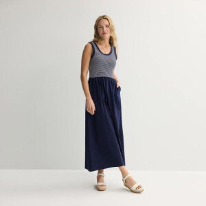 �\�m�} ���f�B�[�X �g�b�v�X �����s�[�X �m�[�X���[�u �}�L�V Women'sonoma Goods For Life Sleeveless Pockets Maxi Dress White Simple Stripe �z���C�g