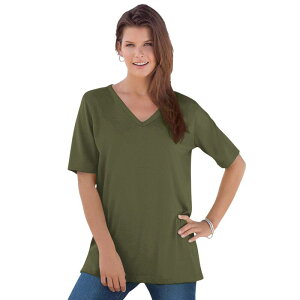 ���A�}���Y ���f�B�[�X �g�b�v�X T�V���c V�l�b�N �v���X�T�C�Y �R�b�g�� Roaman's Women's Plusize Cotton Ultimate V-Neck Tee Dark Olive Green �O���[��