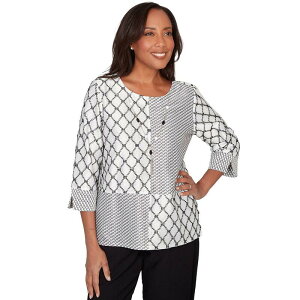 �A���t���b�h �_�i�[ ���f�B�[�X �g�b�v�X �V���c ���[�X Women's Alfredunner Splicediamond Textured Top with Necklace Black And White �z���C�g