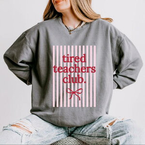 Simply Sage Market ���f�B�[�X �g�b�v�X T�V���c �X�E�F�b�g Simply Sage Market Pink Tired Teachers Club Stripes - Women's Lightweight Garment Dyed Sweatshirt Grey �O���[