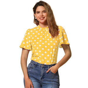 �A���O�� �P�[ ���f�B�[�X �g�b�v�X �V���c �h�b�g �u���E�X ALLEGRA K Women's Polka Dots Blouse Stand Collar Pleat Keyhole Back Short Flare Sleeve Tops Yellow �C�G���[