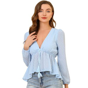 �A���O�� �P�[ ���f�B�[�X �g�b�v�X �V���c V�l�b�N �u���E�X ALLEGRA K Women's Deep V Neck Drawstring Swiss Long Sleeves Blouse Tops Light Blue �u���[