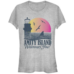 �A�j���L�����N�^�[ ���f�B�[�X �g�b�v�X T�V���c �O���t�B�b�N Licensed Character Juniors' Jaws Amity Island Welcomes You Shark Fin Sunset Fitted Graphic Tee Athletic Heather �w�U�[