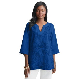 �W�F�V�J�����h�� ���f�B�[�X �g�b�v�X T�V���c V�l�b�N �v���X�T�C�Y �h�J ���l�� Jessica London Women's Plusize Linen V-Neck Embroidered Tunic Sapphire Leaf �T�t�@�C�A