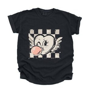 Simply Sage Market ���f�B�[�X �g�b�v�X T�V���c �O���t�B�b�N Simply Sage Market Heart Bubblegum Checkered - Women's Garment Dyed Graphic T-Shirt Black �u���b�N