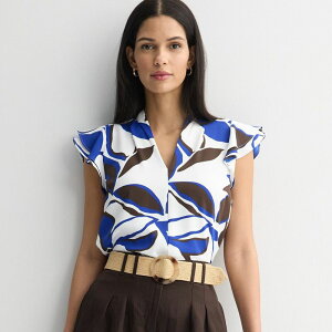 �i�C���E�F�X�g ���f�B�[�X �g�b�v�X �V���c �u���E�X Women's Nine West Flutter Sleeve Blouse Blue Leafy Tropics �u���[