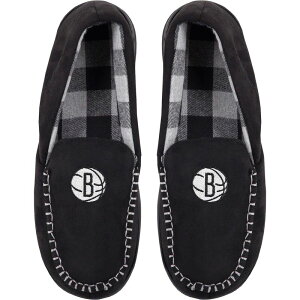 yz Aufbh Y T_ V[Y Men's FOCO Brooklyn Nets Team Logo Flannel Moccasin Slippers Net Black