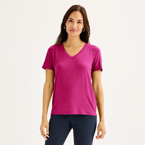�i�C���E�F�X�g ���f�B�[�X �g�b�v�X T�V���c V�l�b�N �v�` Petite Nine West Essential Short Sleeve V-Neck Tee Rose Retreat