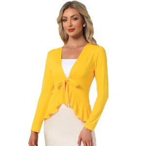 �A���O�� �P�[ ���f�B�[�X �A�E�^�[ �j�b�g�E�Z�[�^�[ �t���� �g�[�� �J�[�f�B�K�� ALLEGRA K Women's Tie Open Front Long Sleeve Knit Metallic Ruffled Crop Cardigan Deep Yellow �C�G���[