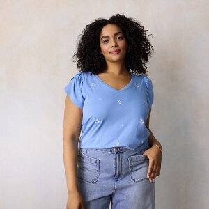 LC Lauren Conrad ���f�B�[�X �g�b�v�X T�V���c V�l�b�N �v���X�T�C�Y Plusize LC Lauren Conrad Tulip Sleeve V-Neck Tee Blue Dandelion Sprigs �u���[