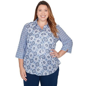 �A���t���b�h �_�i�[ ���f�B�[�X �g�b�v�X �V���c �v���X�T�C�Y Plusize Alfredunner Geometric Button-Front Collared Top Blue Multi �u���[