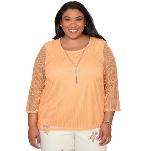 �A���t���b�h �_�i�[ ���f�B�[�X �g�b�v�X �V���c �v���X�T�C�Y ���b�V�� ���[�X Plusize Alfredunner Bright Popcorn Mesh Top with Necklace Apricot �A�v���R�b�g