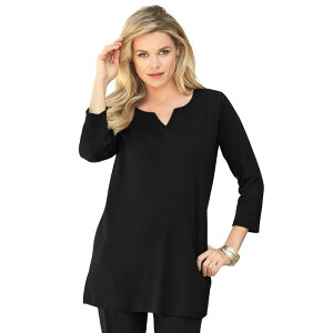 ���A�}���Y ���f�B�[�X �g�b�v�X T�V���c �v���X�T�C�Y �j�b�g Roaman's Women's Plusize Three-Quarter Sleeve Notch Neck Soft Knitunic Black �u���b�N