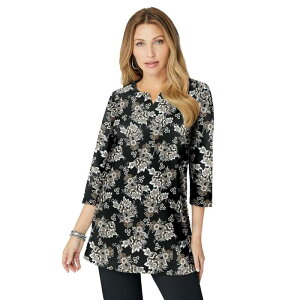 ���A�}���Y ���f�B�[�X �g�b�v�X T�V���c �v���X�T�C�Y �j�b�g Roaman's Women's Plusize Three-Quarter Sleeve Notch Neck Soft Knitunic Black Rose Floral �u���b�N