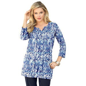 ���A�}���Y ���f�B�[�X �g�b�v�X T�V���c �v���X�T�C�Y �j�b�g Roaman's Women's Plusize Three-Quarter Sleeve Notch Neck Soft Knitunic Blue Abstract Print �u���[