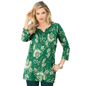 ���A�}���Y ���f�B�[�X �g�b�v�X T�V���c �v���X�T�C�Y �j�b�g Roaman's Women's Plusize Three-Quarter Sleeve Notch Neck Soft Knitunic Emerald Batik Flowers �G�������h