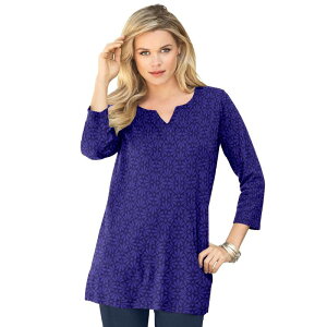 ���A�}���Y ���f�B�[�X �g�b�v�X T�V���c �v���X�T�C�Y �j�b�g Roaman's Women's Plusize Three-Quarter Sleeve Notch Neck Soft Knitunic Navy Classic Medallion �l�C�r�[