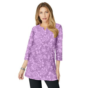 ���A�}���Y ���f�B�[�X �g�b�v�X T�V���c �v���X�T�C�Y �j�b�g Roaman's Women's Plusize Three-Quarter Sleeve Notch Neck Soft Knitunic Violet Rose Floral �o�C�I���b�g