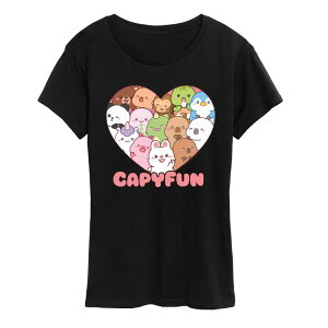 �A�j���L�����N�^�[ ���f�B�[�X �g�b�v�X T�V���c �L���b�v �O���t�B�b�N Licensed Character Women's CapyFun Capybara Heart Graphic Tee Black �u���b�N