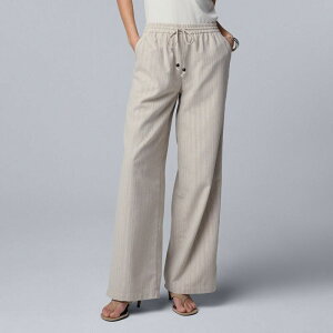 ���F���E�H�� ���f�B�[�X �{�g���X �J�W���A���p���c ���C�h���b�O Women'simply Vera Wang Elastic Waist Wide Leg Pants Linen Lurex Stripe �X�g���C�v