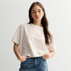 �G�X�I�[ ���f�B�[�X �g�b�v�X T�V���c �N���b�v�h Juniors' SO Short Sleeve Boxy Cropped T-Shirt Cream Pink Stripe �N���[��