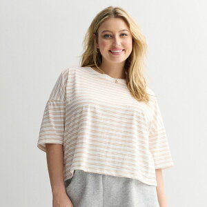�G�X�I�[ ���f�B�[�X �g�b�v�X T�V���c �v���X�T�C�Y Juniors' Plusize SO Boxy Crop T-Shirt Cream Pink Stripe �N���[��