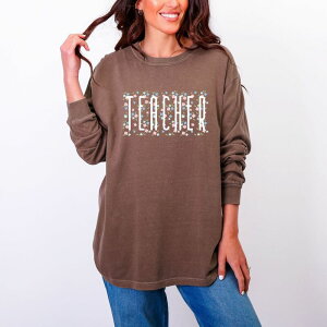 Simply Sage Market ���f�B�[�X �g�b�v�X T�V���c �t�����[�� �g�[�� �t�����[ �O���t�B�b�N Simply Sage Marketeacher Tall Floral - Women's Garment Dyed Long Sleeve Graphic T-Shirt Espresso