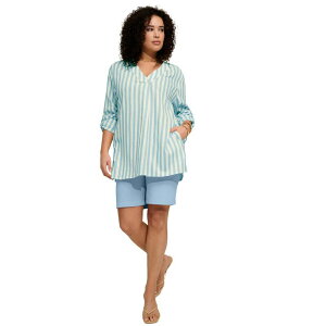 ���A�}���Y ���f�B�[�X �g�b�v�X T�V���c �v���X�T�C�Y ���l�� Roaman's Women's Plusize Linen-Blend Y-Neck Roll-Tab Sleeve Tunic Pale Blue Bold Stripe �u���[