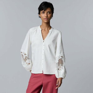 ���F���E�H�� ���f�B�[�X �g�b�v�X �V���c �v�` �u���E�X ���[�X Petite Simply Vera Wang Long Sleeve Lace Blouse White Knight �z���C�g