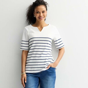 �N���t�g���o���[ ���f�B�[�X �g�b�v�X T�V���c Women's Croft & Barrow Elbow-Sleeve Splitneck Top White Smart Stripe �z���C�g