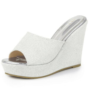 �A���O�� �P�[ ���f�B�[�X �V���[�Y �T���_�� �v���b�g�t�H�[�� �q�[�� ALLEGRA K Women's Glitter Platform Slip on Wedge Heelsandals White Silver �z���C�g