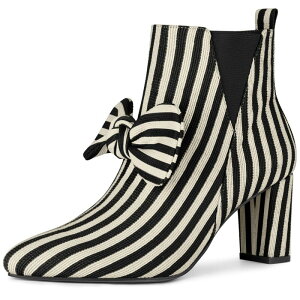 �A���O�� �P�[ ���f�B�[�X �V���[�Y �u�[�c�E���C���u�[�c �A���N�� �q�[�� ALLEGRA K Women's Pointed Toe Bow Striped Chunky Heels Ankle Boots Black �u���b�N
