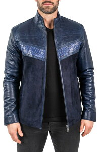 �}�Z�I �����Y �A�E�^�[ �W���P�b�g�E�u���]�� ���U�[ Maceoo Pythonshield Blue Snakeskin Embossed Leather Jacket Blue �u���[