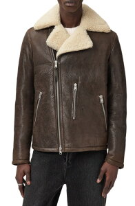 �I�[���Z�C���c �����Y �A�E�^�[ �W���P�b�g�E�u���]�� ���U�[ AllSaints Xylon Shearling Lined Leather Biker Jacket Bark Wood Brown �u���E��