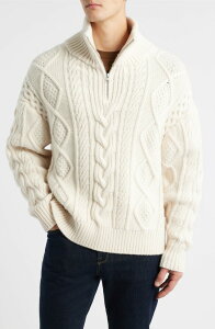 �t���[�� �����Y �A�E�^�[ �p�[�J�[�E�X�E�F�b�g �n�[�t�W�b�v �E�[�� �Z�[�^�[ FRAME Oversize Chunky Cabled Wool & Cashmere Half Zip Sweater Cream �N���[��