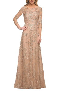 ���t�F�� ���f�B�[�X �g�b�v�X �����s�[�X ���[�X La Femme Mother of the Bride Lace Dress withree-Quarter Sleeves Light Gold �S�[���h