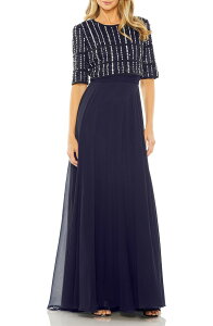 �}�b�N�_�K�� ���f�B�[�X �g�b�v�X �����s�[�X �V�t�H�� Mac Duggal Fully Beaded 3/4 Sleeves Top Chiffon Gown Midnight
