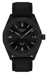 �e�B�\�b�g �����Y �A�N�Z�T���[ �r���v ���U�[ Tissot PRC 100 Solar Quartz Leather Strap Watch, 39mm Black �u���b�N